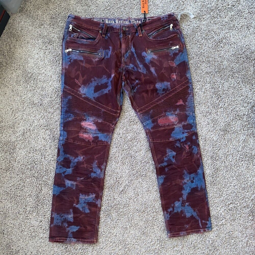 Rock Revival Elroy Skinny Moto Red Mens Acid Wash Biker Jeans Pant Size 42 225$